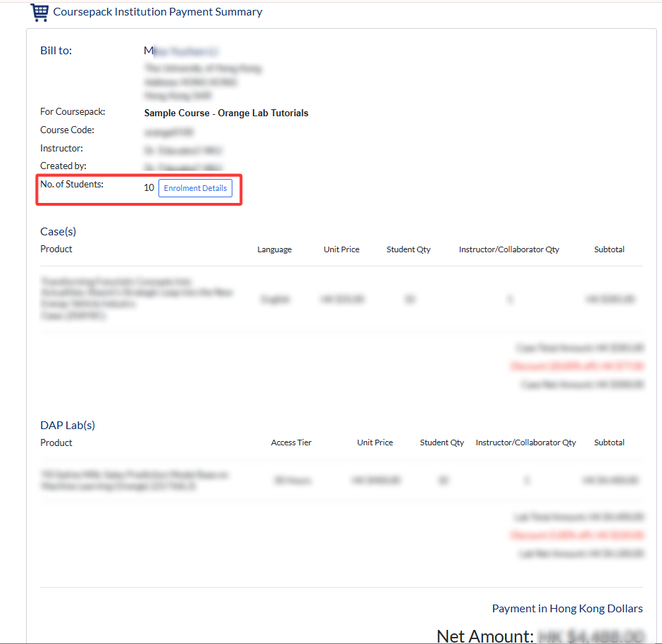 Coursepack Institution Payment Summary highlighting the 'No. of Students' row and its 'Enrolment Details' button.